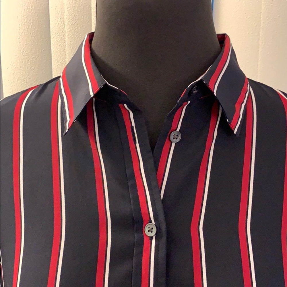 Banana Republic Dillon Striped Button Down Blouse Long Sleeve Navy Red White.